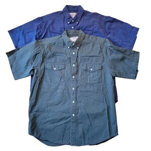 2 Wrangler Short Sleeve Button Up Shirts L Green Blue Cotton Work Barn Chores Ru